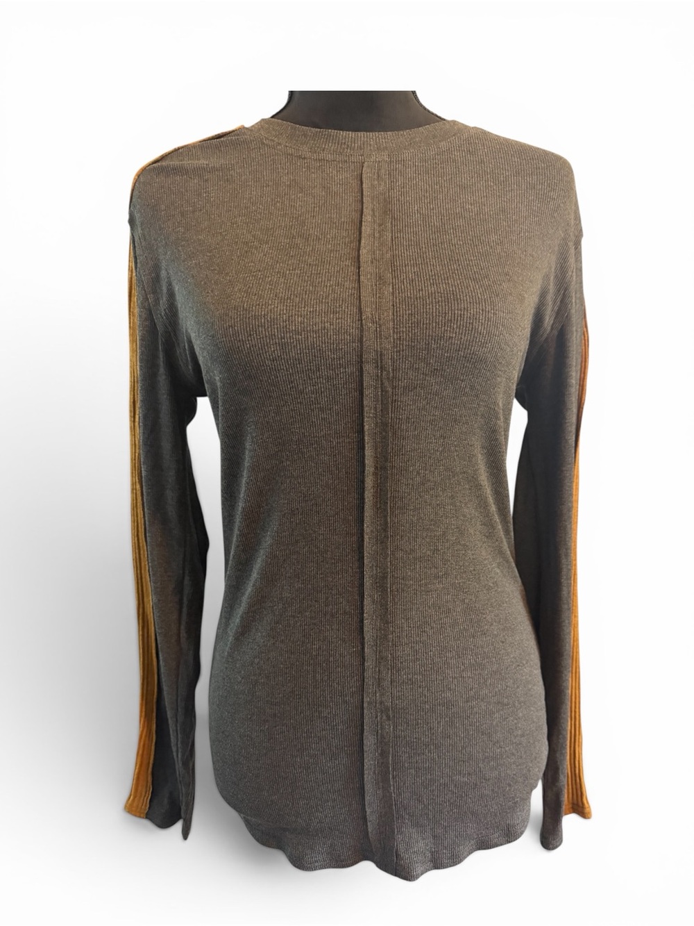 NATURAL LIFE Gray Ribbed Long Sleeve  with Mustard Side Stripes Boho Size L